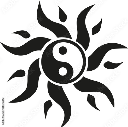 Tribal yin yang sun symbol in black silhouette. Abstract spiritual vector design combining balance, harmony and energy. Minimal tribal style icon perfect for tattoo designs, yoga graphics, meditation 