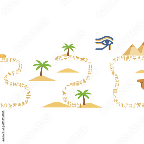 Ancient Egyptian hieroglyphic symbols forming path, desert landscape with palm trees, pyramids, and Eye of Horus.