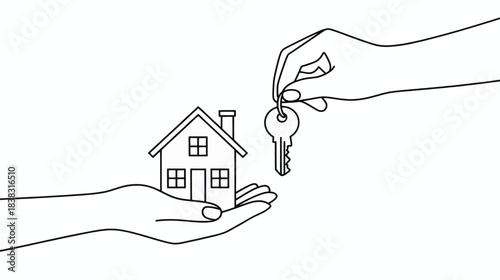 Real Estate Key Handover – Line Art Illustration of Home Ownership.