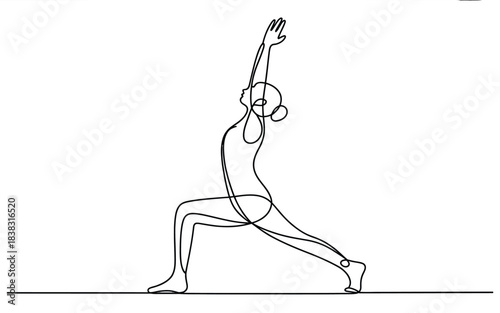 A minimalist continuous line drawing of a woman performing a crescent lunge yoga pose