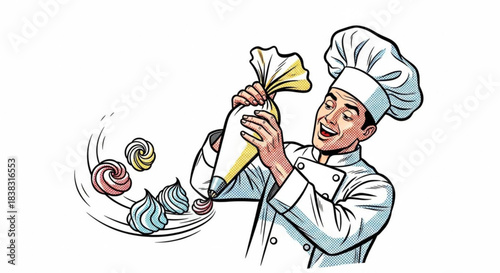 Cartoon pastry chef piping colorful cream swirls in the kitchen  