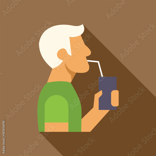 Elderly man enjoying refreshing beverage through straw, simple and colorful illustration