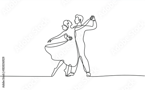 Simple and minimalist one-line drawing of a couple gracefully dancing together