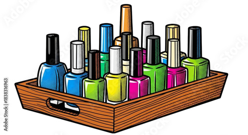 Nail polish bottles arranged in wooden tray with colorful shades  