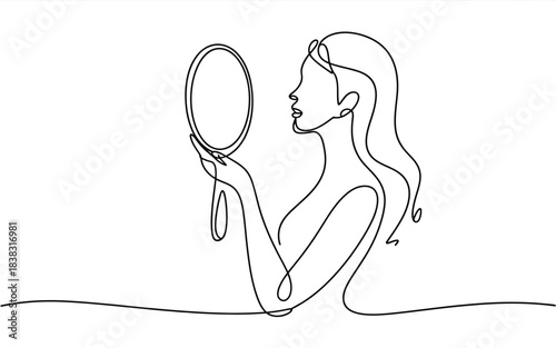 Continuous line drawing of a woman looking at her reflection in a hand mirror