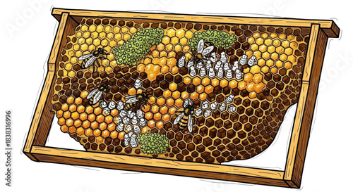 Close-up of honeycomb frame with bees and honey in detail  
