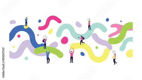 Colorful Community: An animated scene of individuals interacting with fluid, vibrant shapes creating a dynamic, engaging design. Embracing interaction. 