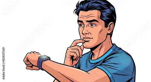 Man touching chin while looking at smartwatch with contemplation  