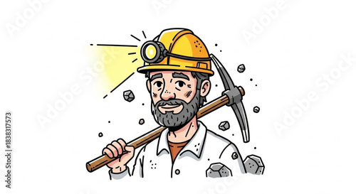 Miner with pickaxe and lamp smiling amid rocks and dirt  