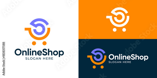 Creative simple online shop logo template. Abstract shopping cart with letter O and S as wifi symbol logo design vector illustration.