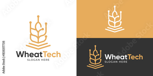 Creative simple wheat tech logo template. Wheat grain with circuit tech symbol logo design vector illustration.