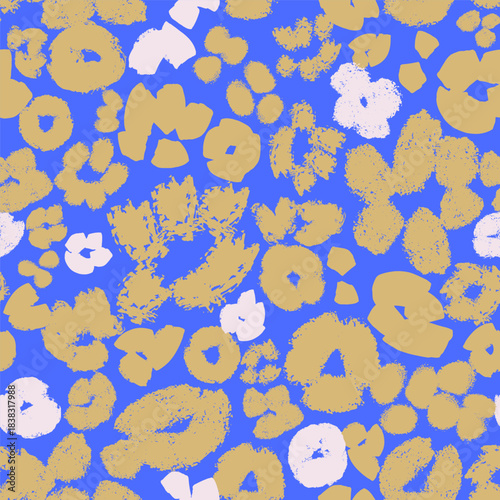 Seamless abstract floral pattern featuring bold hand-painted textured shapes in light pink and yellow on a vivid blue background. Ideal for textile prints, packaging, wallpapers, fabric design