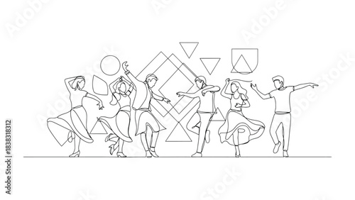 Dancing in Celebration: A group of individuals comes together in a harmonious dance. Joyful silhouettes move in sync, celebrating cultural heritage and shared moments. The scene represents a dynamic.