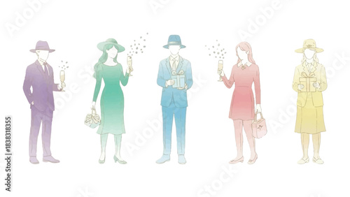 Celebration Silhouette: A stylized illustration of a collection of elegant figures in vibrant hues, raising champagne glasses in a toast of celebration.