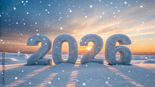 Wallpaper Mural Large snow covered 2026 numbers on snowy landscape with falling snow at sunset Torontodigital.ca