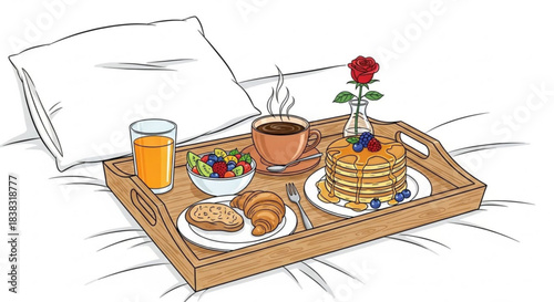 Breakfast tray with pancakes, fruit, coffee, and juice on bed  