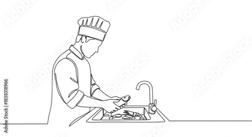 Chef cleaning seafood in sink while preparing for cooking  