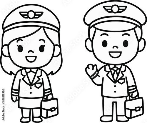 Cartoon airline pilots male and female in uniform with briefcases, black and white vector illustration, aviation crew characters, travel profession, flight staff icons