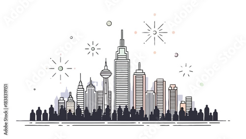 Skyline Symphony: A meticulously crafted line art illustration presents a stylized cityscape. with geometric precision, the artwork highlights modern architecture. 