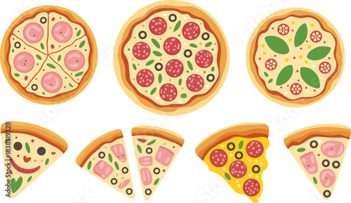 Cartoon pizza slices and whole pizzas, tasty toppings illustration set, pepperoni, basil, olives, tomato, cheese, menu design, food clipart collection