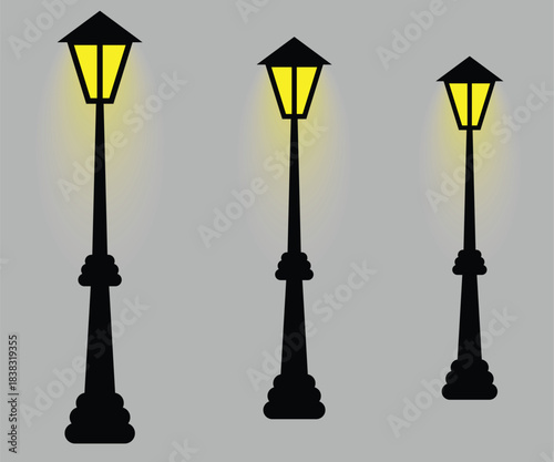 Three vintage street lamps in silhouette with glowing lights silhouette.