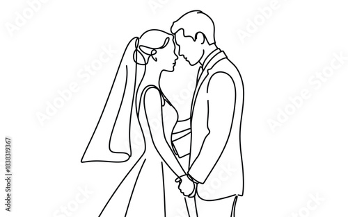 Continuous line art of a romantic bride and groom couple on their wedding day