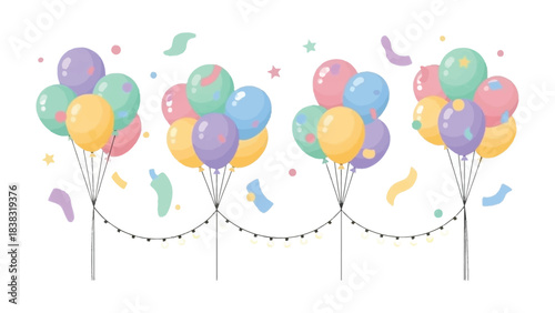Festive Balloons Gathering: A collection of cheerful and colorful balloons, gently floating, their bright colors add joy to the celebratory scene. The balloons are the core of a delightful gathering.
