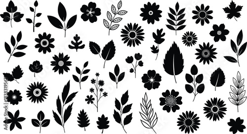 Black and White Outline Vector Drawing of a Woven Basket Overflowing with Flowers and Leaves