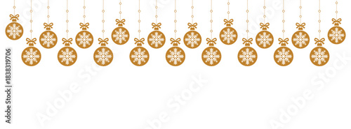 Minimalist Christmas background with hanging gold baubles and white snowflake icons on white space, elegant festive border for holiday greeting cards, invitations, banners, and seasonal graphic design