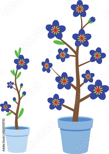Cartoon flowering plant set, potted blue flowers illustration, growth comparison concept, botanical clipart, nature decor, garden design elements, cute plant drawing