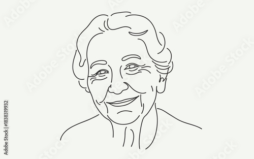 Minimalist line art illustration of a cheerful and kind elderly woman smiling
