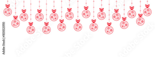 Minimal Christmas background with hanging red baubles and white snowflake icons on clean white space, festive horizontal border for holiday greeting cards, invitations, web banners, and winter designs