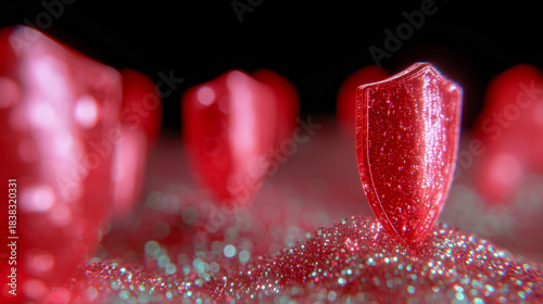 Several red, glittering shield shapes stand upright on a sparkling, textured surface. The image features a shallow depth of field, highlighting the glossy shields against a dark.