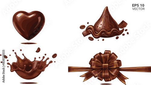  Vector collection of realistic brown chocolate elements, including a heart, dripping splash, kiss candy, and a luxury gift bow, ideal for confectionery packaging, Valentine's Day, and dessert designs