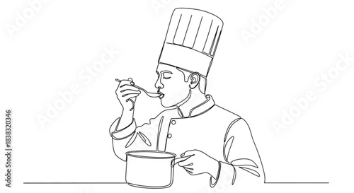 Chef tasting broth from saucepan with spoon in kitchen drawing  