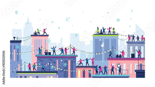Rooftop Party: A vibrant rooftop party, with dancing figures and twinkling lights across cityscape. It's a celebratory atmosphere. 