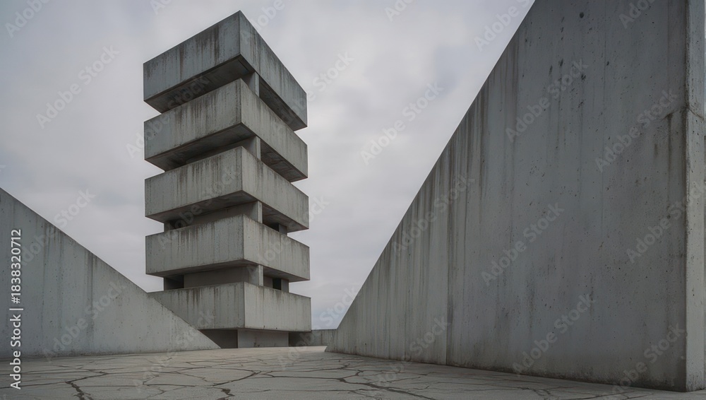 Fototapeta premium Brutalist Architecture Tower and Geometric Structures Under Overcast Sky.