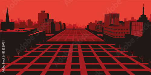 Dramatic skyline silhouette with bold red hues, perfect for urban concepts or dystopian themes, offering a powerful and striking visual statement