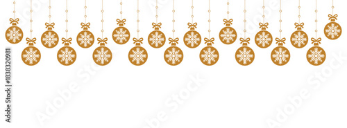 Minimalist Christmas background with hanging gold baubles and white snowflake icons on white space, elegant festive border for holiday greeting cards, invitations, banners, and seasonal graphic design