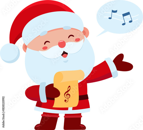 Cheerful Santa Claus Cartoon Character Singing Christmas Song With Music Notes - Vector Illustration Flat Design Isolated On Transparent Background