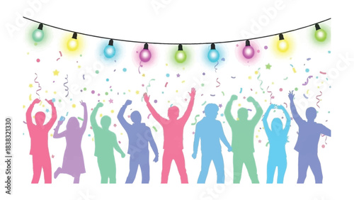 Joyful Celebration: A vibrant silhouette of diverse individuals joyfully celebrate a milestone under the soft glow of fairy lights and confetti, evoking a sense of unity and shared achievement.