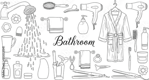 Large Outline Vector Collection of Bathroom Accessories: Shower, Robe, Hair Dryer, and Brush