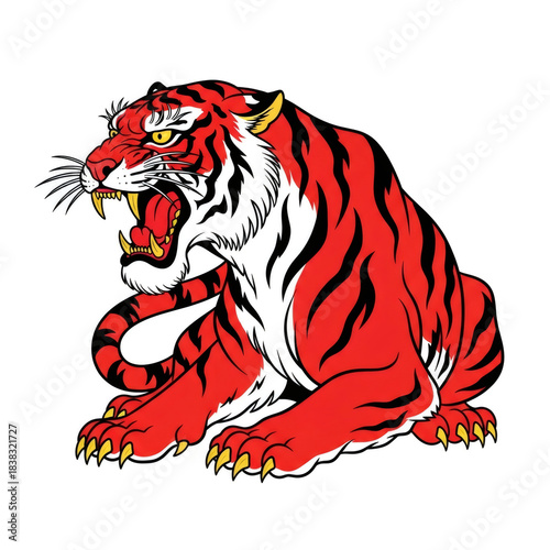 Roaring tiger illustration in traditional tattoo style. Vector art of an angry wild cat isolated on white background. Japanese design element