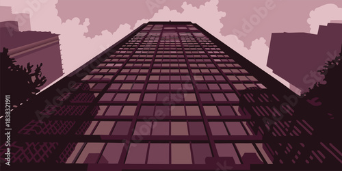 Dramatic upward gaze at a monolithic skyscraper reaching for the sky, with a stylized retro aesthetic, perfect for urban planning or architectural design concepts