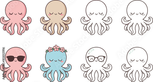 Cute Cartoon Octopus Character Vector Set with Sunglasses, Flowers, and Outline Versions