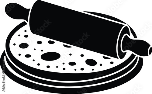 Black and white illustration of rolling pin and pizza dough