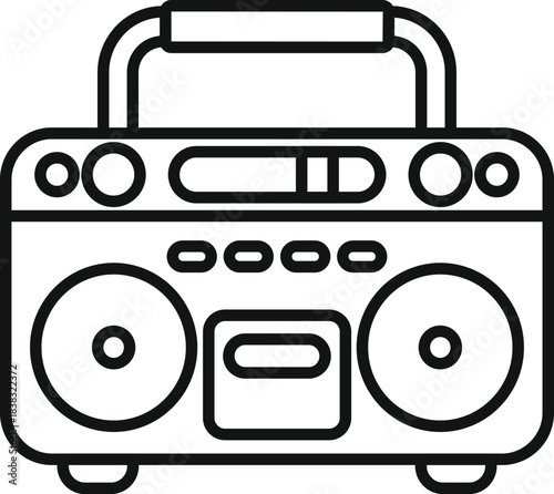 Portable music player emitting sound waves, featuring a handle for easy transport