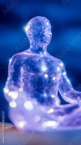 A translucent human figure is depicted sitting in a meditative posture, illuminated by glowing lights within its body. The background is softly blurred in shades of blue,.