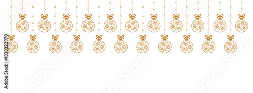 Minimalist Christmas background with hanging gold baubles and white snowflake icons on white space, elegant festive border for holiday greeting cards, invitations, banners, and seasonal graphic design