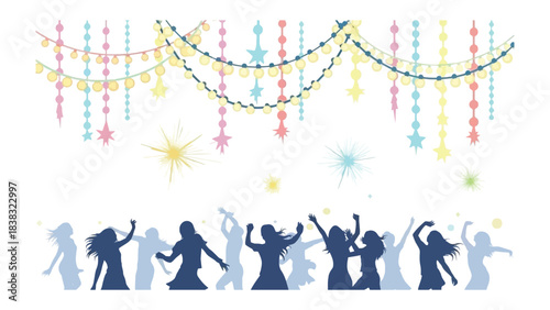 Silhouette Revelry: A dynamic illustration depicts the lively silhouettes of people immersed in a spirited celebration, adorned with festive decorations.